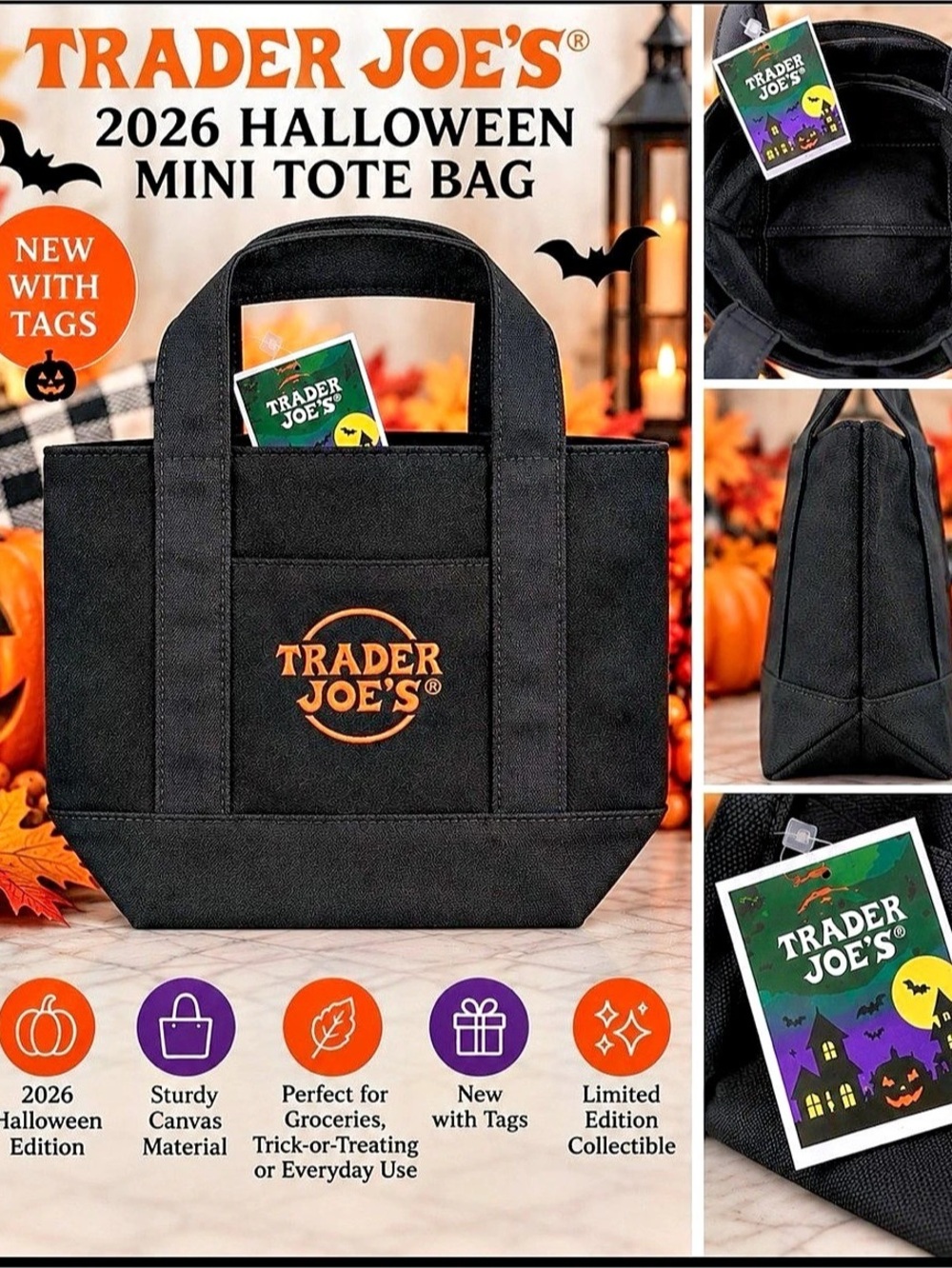 Trader Joe's Trick-or-Treat Mini Canvas Tote Bag Black & Orange